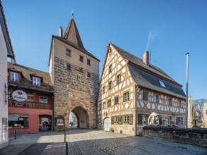 The Hersbrucker Tor and a half-timbered house in Lauf an der Pegnitz, Middle Franconia, Bavaria,