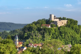 View of Falkenstein with St. Sebastian Church and Falkenstein Castle, Falkenstein, Bavarian Forest,