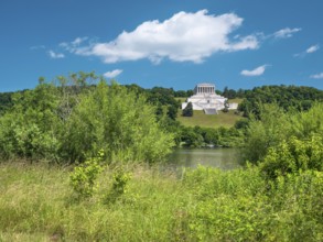 View across the Danube River to the Walhalla Memorial on the Bräuberg, Donaustauf, Upper