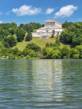 View across the Danube River to the Walhalla Memorial on the Bräuberg, Donaustauf, Upper