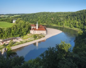 View of the Danube and Weltenburg Abbey at the Danube Breakthrough, Danube Valley near Kelheim,