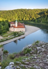 View of the Danube and Weltenburg Abbey at the Danube Breakthrough, Danube Valley near Kelheim,