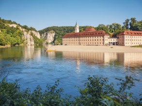 View across the Danube to Weltenburg Abbey at Danube Breakthrough, Danube Valley near Kelheim,