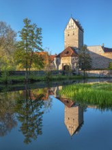 View across the Rothenburg pond to the historic old town with city wall and Rothenburg Gate,