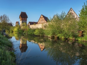 View of the old town with half-timbered houses, towers and city wall, left the Bäuerlinsturm,