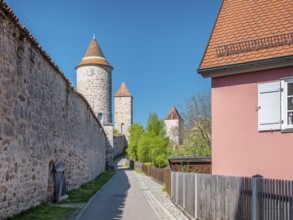 Narrow alley on the city wall with defensive towers, Dinkelsbühl, Ansbach district, Middle