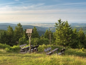 View from Schneekopf in the Thuringian Forest, Geratalblick signpost and table with benches for