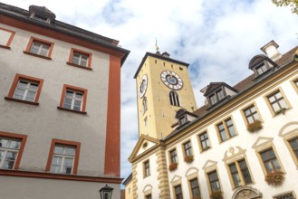 Regensburg, Germany. October 7th 2024 Regensburg clock tower and beautiful medieval architecture of