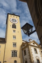 Regensburg, Germany. October 7th 2024 Regensburg clock tower and beautiful medieval architecture of