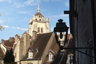Roof tops and church view of the beautiful architecture of Dole in the Jura region of France beside