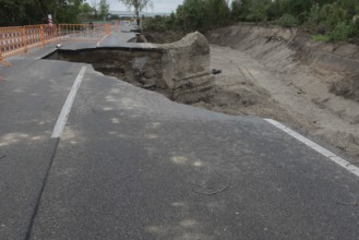Flood damaged road subsidence in Lower Austria near the River Danube, Storm Boris caused extensive