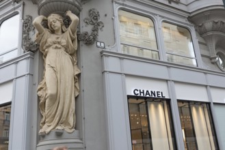 Ornate architecture outside the luxury brand Chanel store in shopping district of central Vienna,