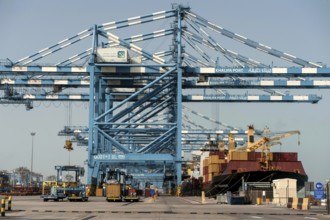 Abu Dhabi, United Arab Emirates. June 27th 2019. Shipping containers being loaded onto a ship at