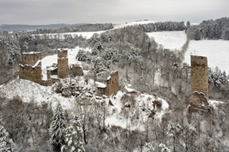 Ruins of an old castle in the snow with surrounding trees and hilly backdrop, The Brandenburg in