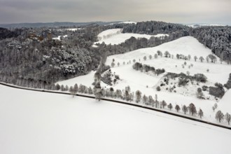 Snowy hill and field landscape with visible ruin on the edge, The Brandenburg in the Werra Valley