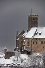 Detailed view of a part of a castle in winter with a snow-covered roof under a grey sky, The