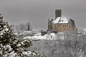Snowy landscape with castle in the distance under grey sky, The Wartburg near Eisenach in Thuringia