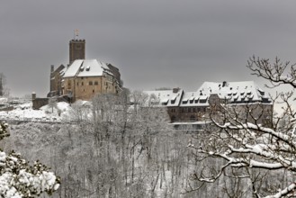 Castle and snowy buildings in a wintry landscape with bare trees, The Wartburg near Eisenach in