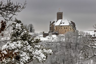 Medieval castle in winter with snow-covered forest and cloudy sky, The Wartburg near Eisenach in