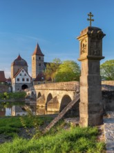 Ornbau im Altmühltal in the evening light, medieval stone bridge over the river Altmühl, Altmühl