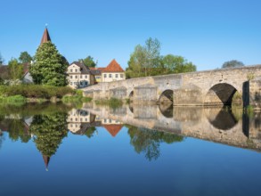 The Stone Bridge, medieval stone bridge over the Wörnitz river near the small village of Ebermergen