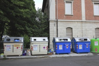 Waste separation, various dumpsters, Brescello, Emilia-Romagna, Italy