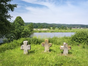 Group of three medieval stone crosses on the banks of the river Naab, Sühnekreuz, Mordkreuz, near