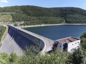 View from above of the Leibis Lichte dam in summer, energy generation in the Thuringia nature park