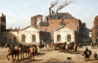 London street scene, Meux's Horse Shoe brewery, Tottenham Court Road in 1830, an English brewery in