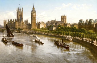 The Thames Embankment, 19th century, River Thames in central London, England, United Kingdom