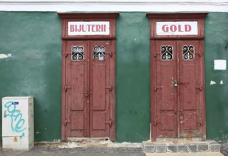 Closed doors of a jewelry store in the old town of Sibiu, Sibiu, in Transylvania, jewelry and gold,