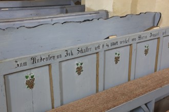 Municipality of Cristian, German Grossau, church pew with German-language lettering in the