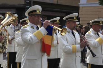 Romania, band at a parade in the old town of Sibiu, Sibiu, Transylvania