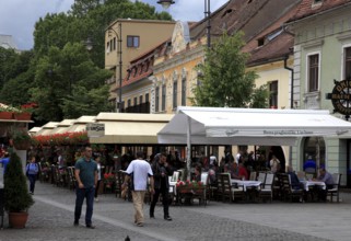 Restaurants in the old town of Sibiu, Sibiu, in Transylvania, Romania