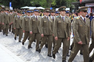 Romania, military group at a parade in the old town of Sibiu, Sibiu, Transylvania