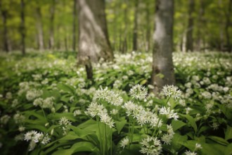 A forest with green leaves and blooming white wild garlic creates a fresh spring atmosphere,