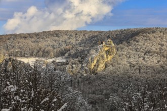 A castle perched on a snow-covered rock surrounded by a thick snowy forest under a blue sky,