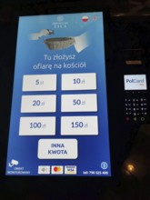 Digital display with modern donation options for the church, various amounts for payment by credit