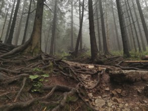 Forest with exposed roots and misty, mystical atmosphere, Zakopane, hiking to Kasprowy Wierch in