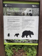 Informative sign in Tatra National Park about bear watching with instructions, Zakopane, hiking in