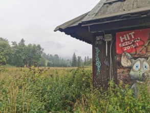 Old hut structure with poster with a cartoon mouse in the midst of a grassy landscape and cloudy