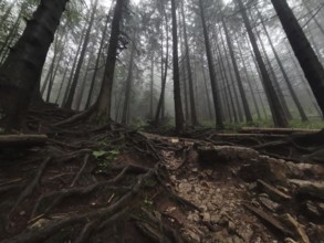 Mystical foggy forest with distinctive roots and rocky soil, Zakopane, hiking to Kasprowy Wierch in