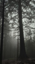 Gloomy forest scene with a large tree in the foreground, covered in fog and shadow, Zakopane,