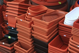 Craft market and nursery, plastic flower boxes, flower pots, flower pots