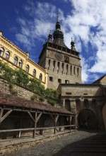 Romania, hour tower in the historic old town of Sighisoara, German Sighisoara, town in Mures
