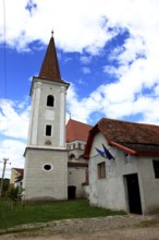 Romania, church tower of the fortified church in the village of Klosdorf, Romanian Cloasterf,