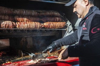 Istanbul, Turkey. December 26th 2018 Kokoreç is a traditional Turkish street food, made from small