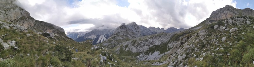 Wide mountain panorama under cloudy sky, with rocky elevations and a valley, Peaks of the Balkans,