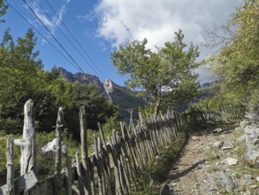 Rustic wooden fence along a trail through wooded area with mountain scenery, Peaks of the Balkans,