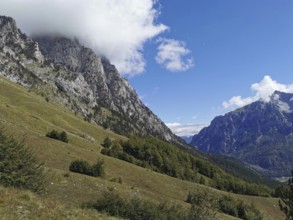 Quiet mountain meadow below impressive rock formations with clear skies, Peaks of the Balkans,